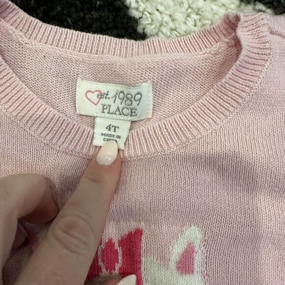 Children’s Place Pink White Leopard Dress Kitty Cat Sweater Bow Size 4T Whiskers - Picture 3 of 4